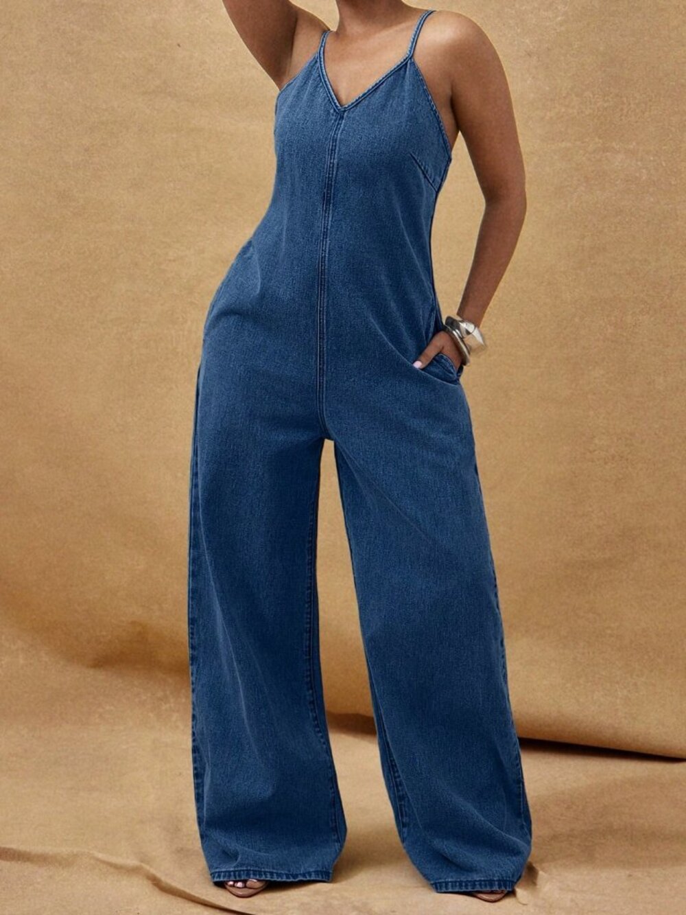 Dark Wash Casual Women's Adjustable Cami Strap Wide Leg Denim Jumpsuit